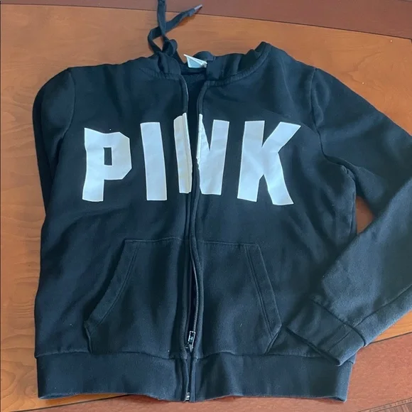 PINK Victoria's Secret Black Zip Front Hoodie with White Logo - Picture 9 of 12